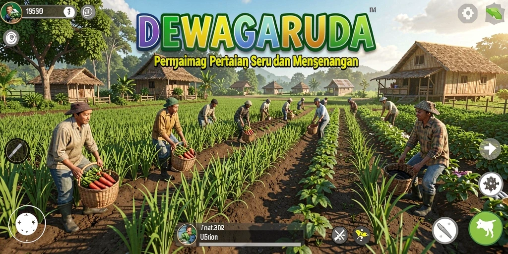 Tampilan gameplay DEWAGARUDA dengan suasana pertanian yang menawan.
