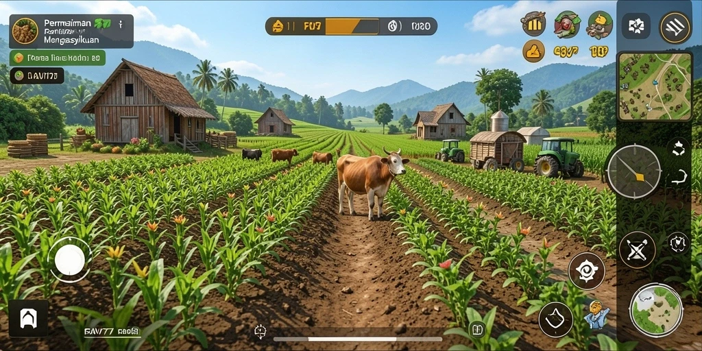 Tampilan screenshot FAV77 menampilkan kebun yang subur dan beragam tanaman.