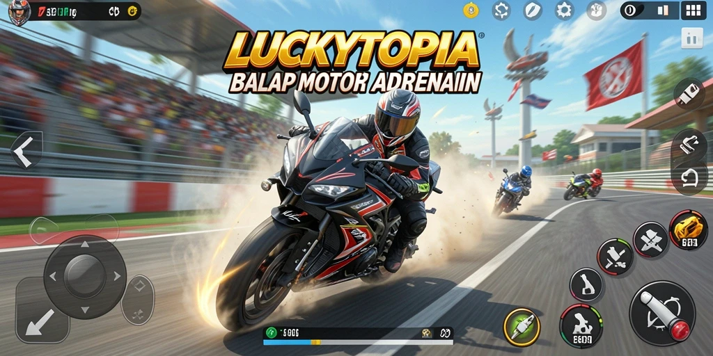 Screenshot LUCKYTOPIA menampilkan aksi balap motor yang seru.