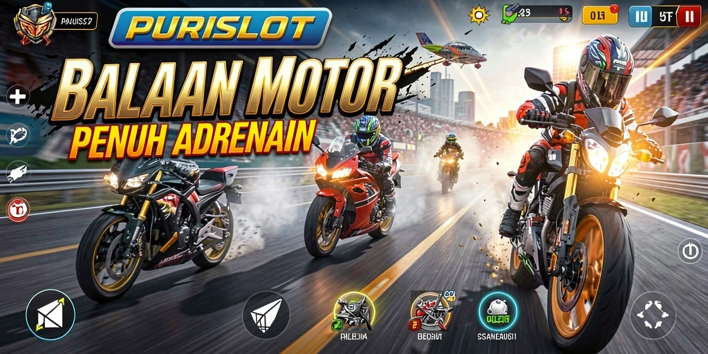 Screenshot gameplay aktif dari PURISLOT menampilkan balapan motor yang cepat.